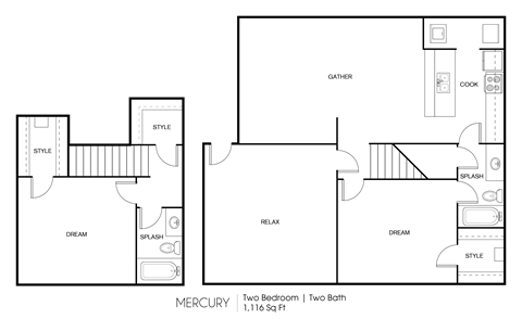Floor plan for 2 beds, 2 baths, 1116 sqft