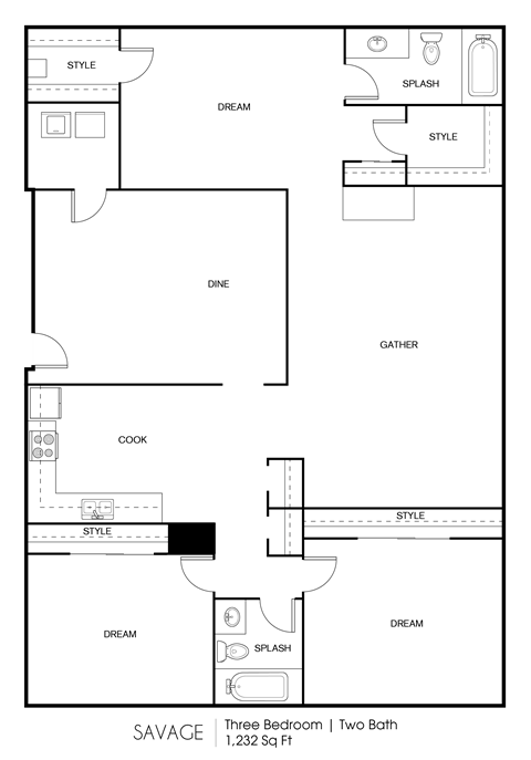 Floor plan for 3 beds, 2 baths, 1350 sqft