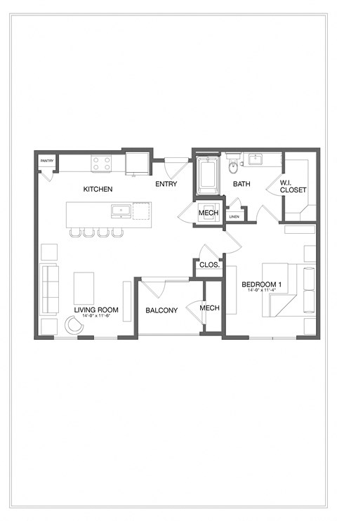 Floor plan for 1 bed, 1 bath, 845 sqft