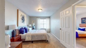 Augusta apartment for rent - Bedroom at Broad on the Green in Augusta, GA, featuring carpet flooring, a large window, and bright natural light in a pet-friendly apartment community.