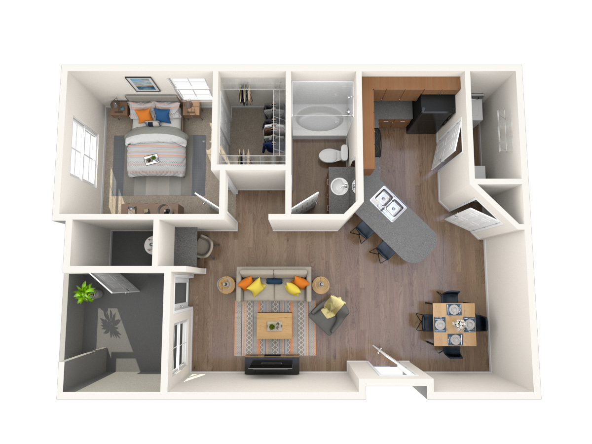 Floor plan for 1 bed, 1 bath, 727 sqft
