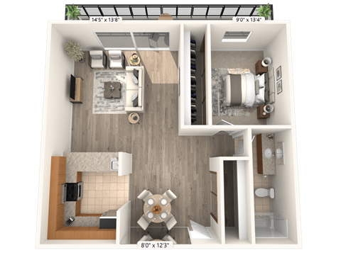 Floor plan for 1 bed, 1 bath, 858 sqft