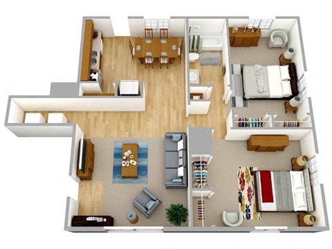 Floor plan for 2 beds, 1 bath, 909 sqft