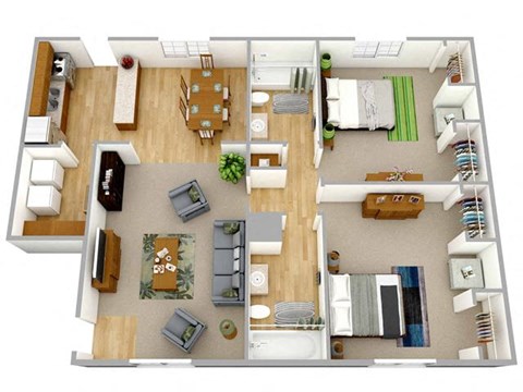 Floor plan for 2 beds, 2 baths, 1007 sqft
