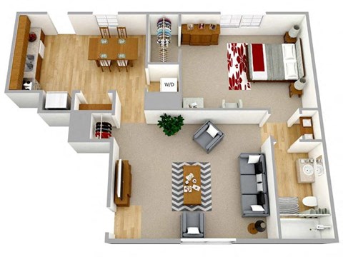 Floor plan for 1 bed, 1 bath, 770 sqft