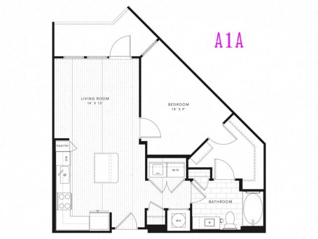 Floor plan for 1 bed, 1 bath, 796 sqft