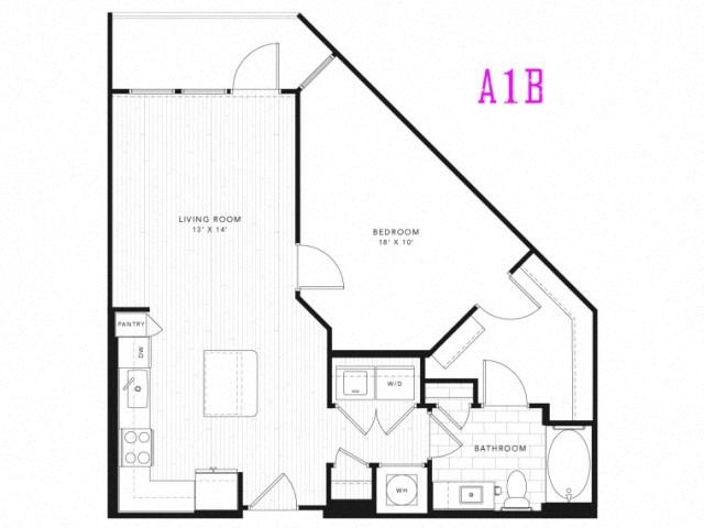 Floor plan for 1 bed, 1 bath, 800 sqft