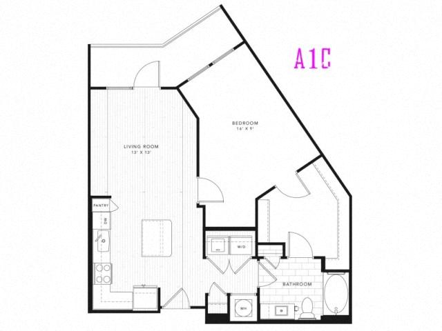 Floor plan for 1 bed, 1 bath, 817 sqft