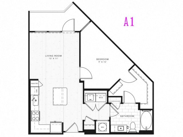 Floor plan for 1 bed, 1 bath, 726 sqft