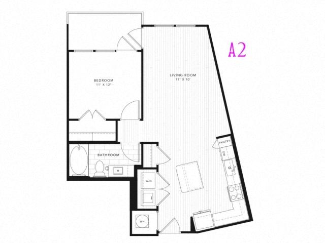 Floor plan for 1 bed, 1 bath, 708 sqft