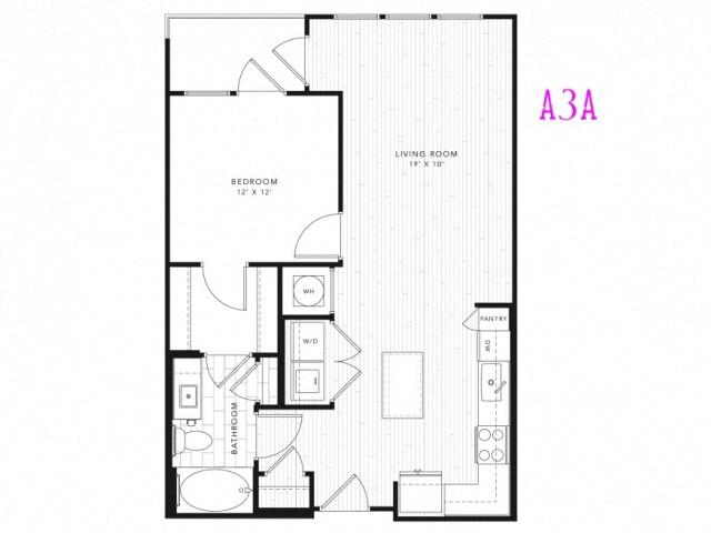 Floor plan for 1 bed, 1 bath, 717 sqft