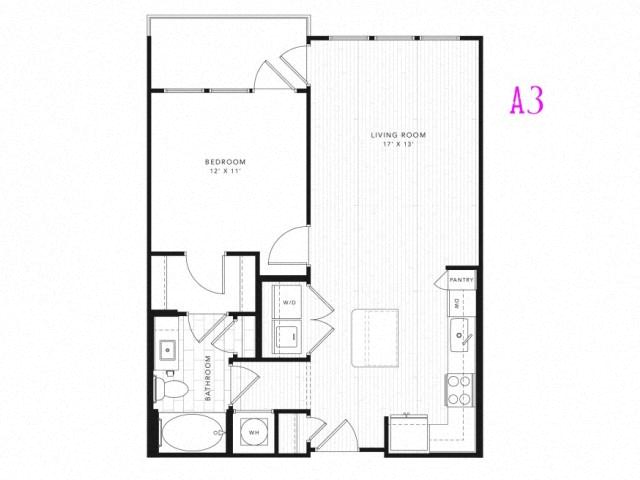 Floor plan for 1 bed, 1 bath, 740 sqft