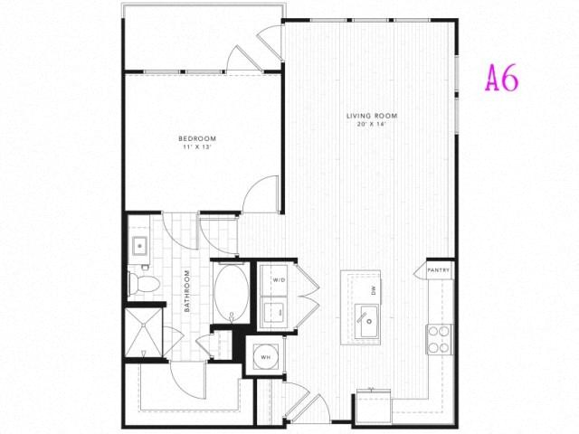 Floor plan for 1 bed, 1 bath, 853 sqft
