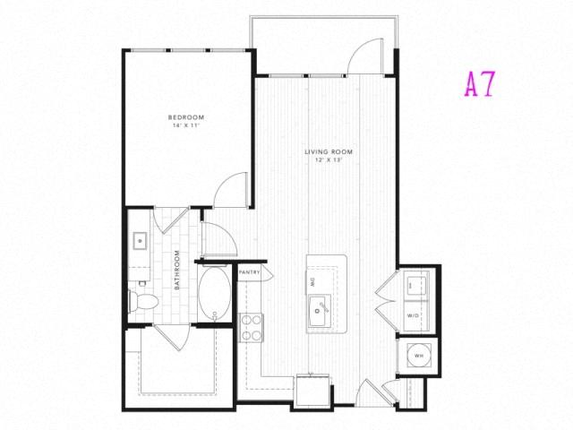 Floor plan for 1 bed, 1 bath, 746 sqft