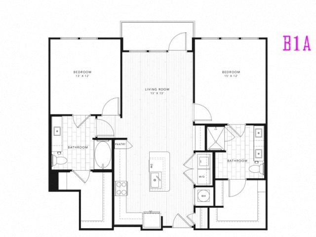 Floor plan for 2 beds, 2 baths, 1161 sqft