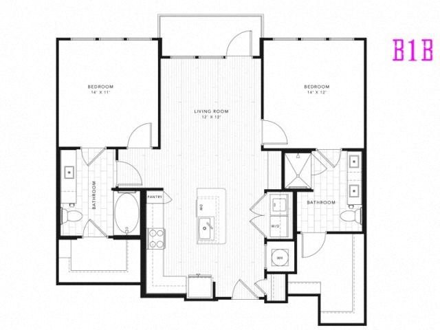 Floor plan for 2 beds, 2 baths, 1047 sqft