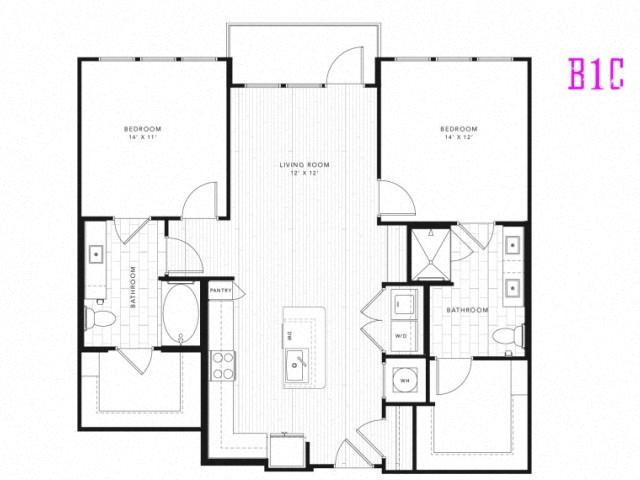 Floor plan for 2 beds, 2 baths, 1096 sqft