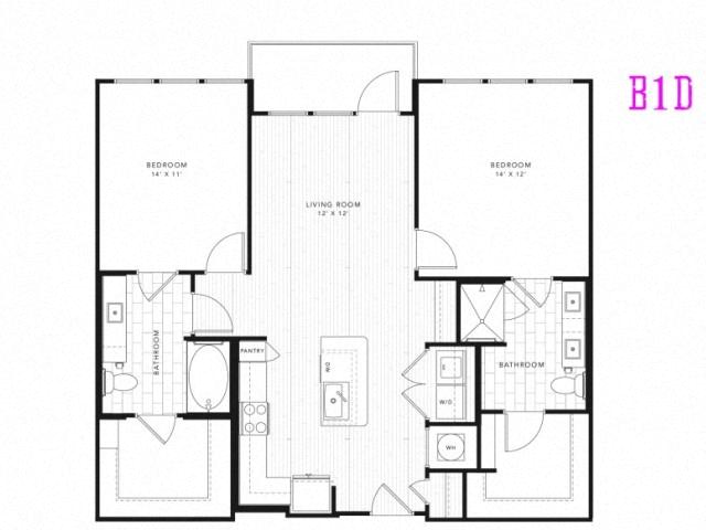 Floor plan for 2 beds, 2 baths, 1053 sqft
