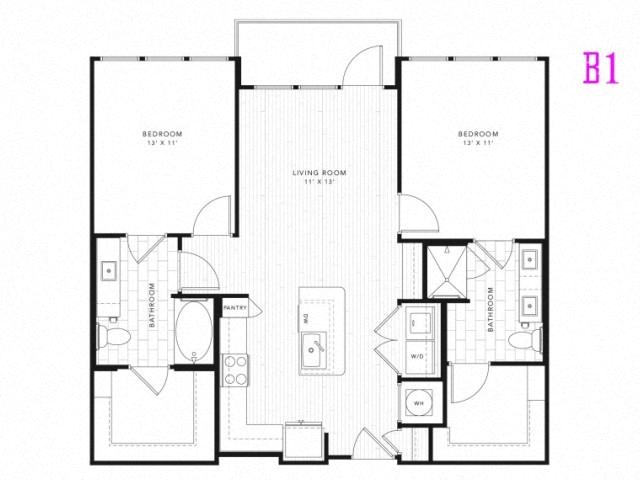 Floor plan for 2 beds, 2 baths, 1054 sqft