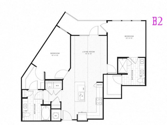 Floor plan for 2 beds, 2 baths, 1107 sqft