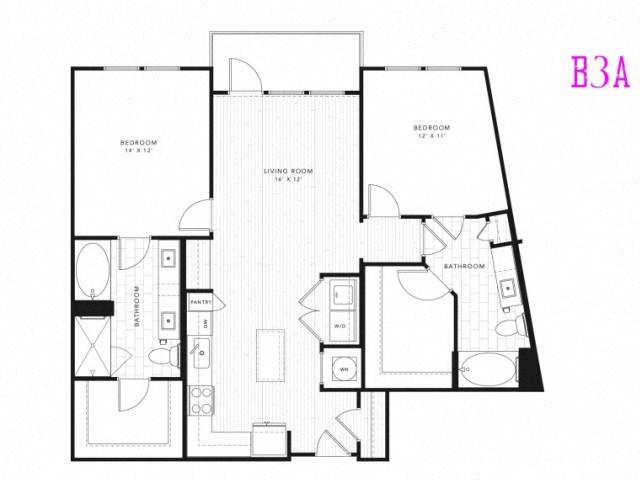 Floor plan for 2 beds, 2 baths, 1131 sqft