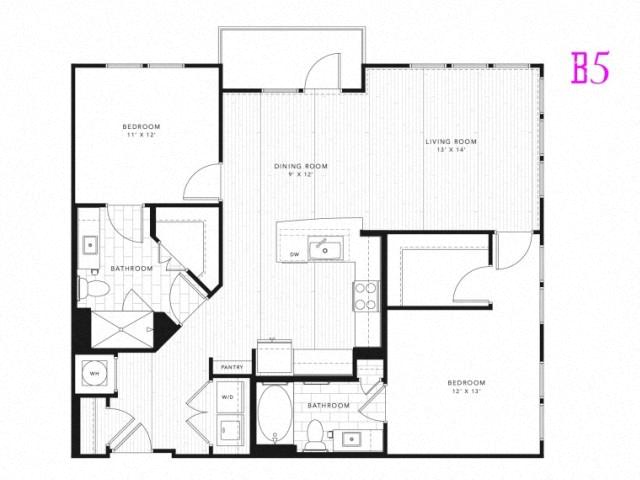Floor plan for 2 beds, 2 baths, 1185 sqft