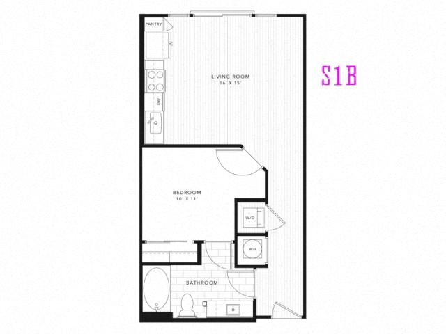 Floor plan for studio, 1 bath, 653 sqft