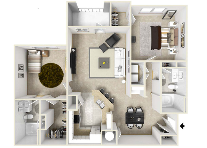 Floor plan for 2 beds, 2 baths, 1177 sqft