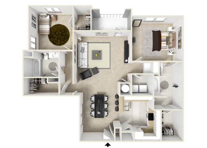 Floor plan for 2 beds, 2 baths, 1362 sqft