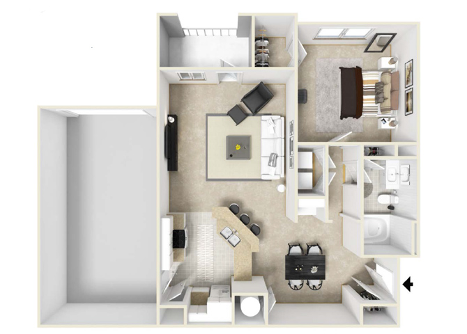 Floor plan for 1 bed, 1 bath, 880 sqft
