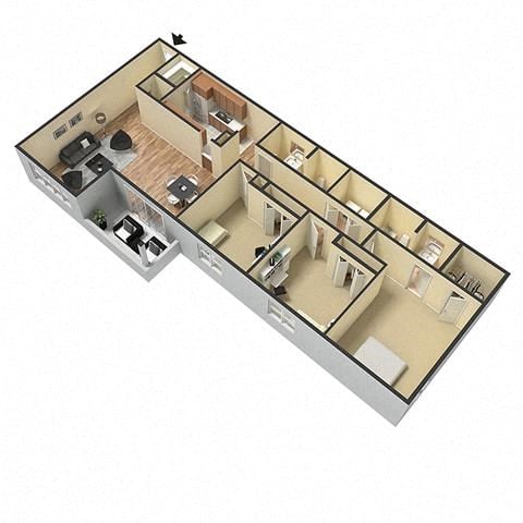 Floor plan for 3 beds, 2 baths, 1445 sqft