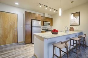 Seattle apartment for rent - South Seattle, WA, Pet-Friendly Apartments - Greenhouse - Contemporary Kitchen with Karndean Wood Flooring, Energy Star Silver Metallic Appliances, Wood-Tone Cabinets, Stylish Granite Countertops, Breakfast Bar with Bar-Style Chairs, and Pendant Lights.