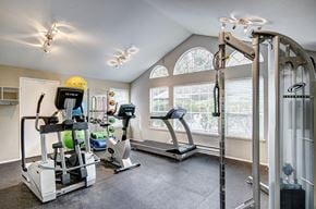 Bothell apartment for rent - A home gym with a treadmill, elliptical trainer, and a stationary bike.