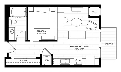 Floor plan for 1 bed, 1 bath, 570 sqft