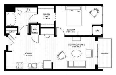 Floor plan for 1 bed, 1 bath, 692 sqft