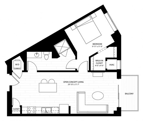 Floor plan for 1 bed, 1 bath, 697 sqft