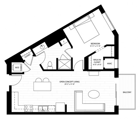 Floor plan for 1 bed, 1 bath, 702 sqft