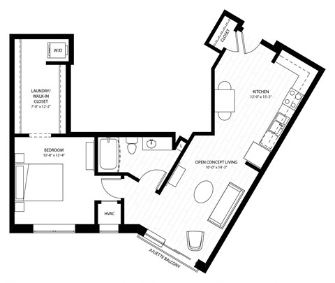 Floor plan for 1 bed, 1 bath, 744 sqft
