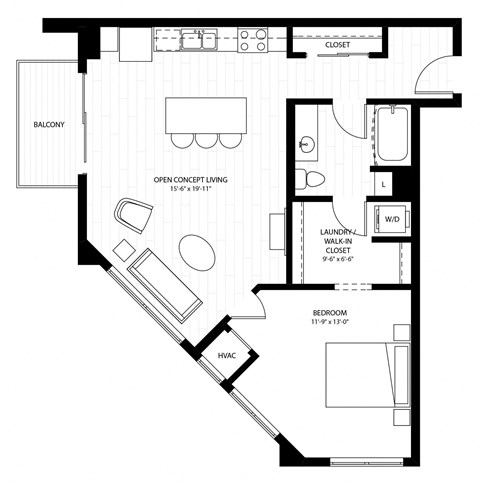 Floor plan for 1 bed, 1 bath, 756 sqft