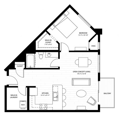 Floor plan for 1 bed, 1 bath, 797 sqft