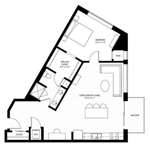 Floor plan for 1 bed, 1 bath, 831 sqft