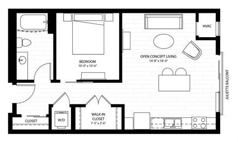 Floor plan for 1 bed, 1 bath, 623 sqft