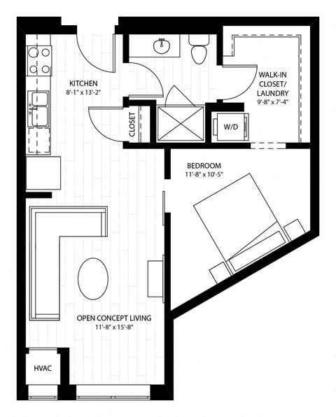 Floor plan for 1 bed, 1 bath, 621 sqft