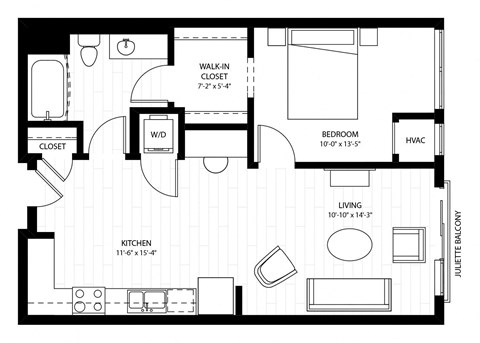 Floor plan for 1 bed, 1 bath, 672 sqft