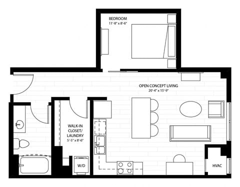 Floor plan for 1 bed, 1 bath, 677 sqft
