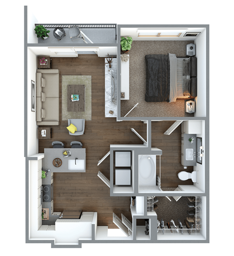 Floor plan for 1 bed, 1 bath, 657 sqft