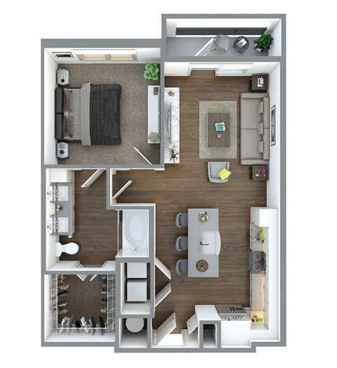 Floor plan for 1 bed, 1 bath, 775 sqft