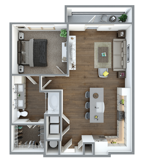 Floor plan for 1 bed, 1 bath, 857 sqft