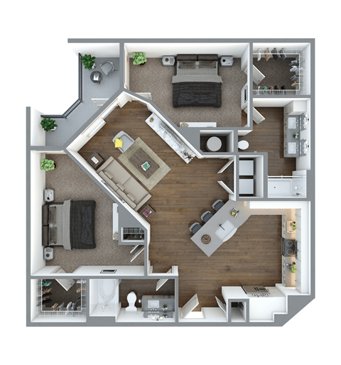 Floor plan for 2 beds, 2 baths, 1242 sqft