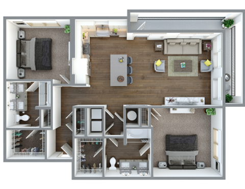Floor plan for 2 beds, 2 baths, 1302 sqft